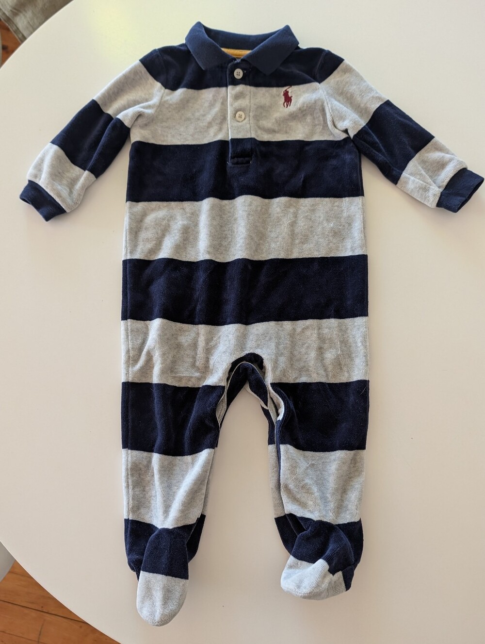 Ralph Lauren Navy & Gray Striped Polo Footed One-Piece 9 Months